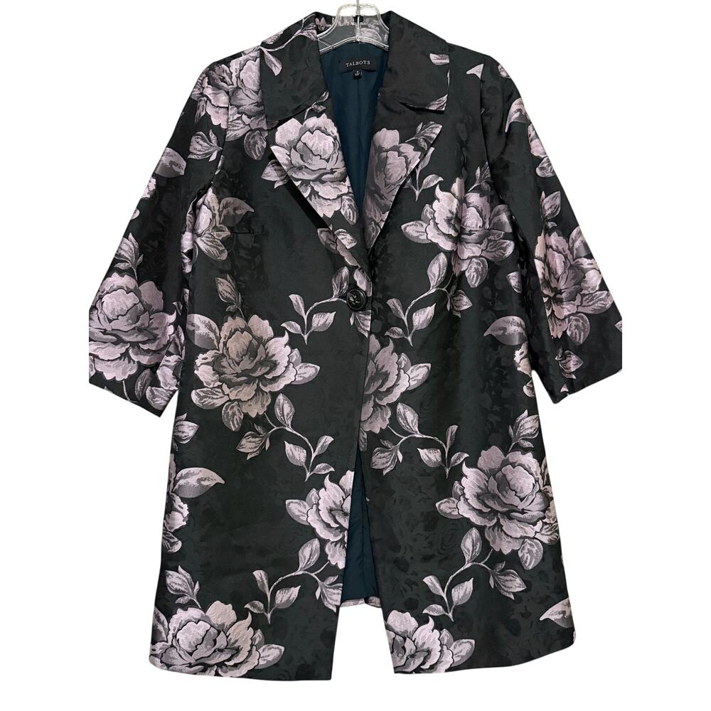 Talbots Black Gray Floral Jacquard Topper Coat Jacket Size 6 Elegant Evening